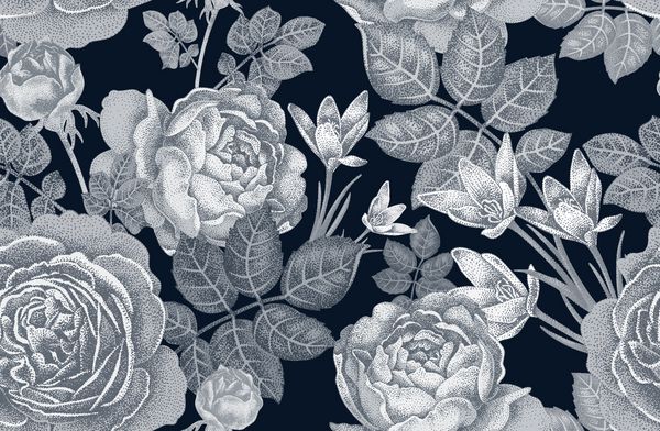 الگوی بدون درز وکتور قدیمی تصویر سیاه و سفید با گل رز و گل های بهاری طرح گل