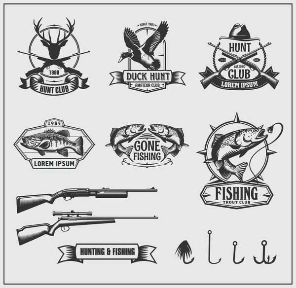 مجموعه ای از نشان ها برچسب ها و عناصر طراحی باشگاه شکار و ماهیگیری وکتور تک رنگ