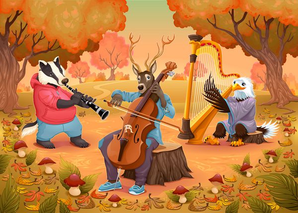 حیوانات موسیقی دان در چوب کارتون و تصویر برداری