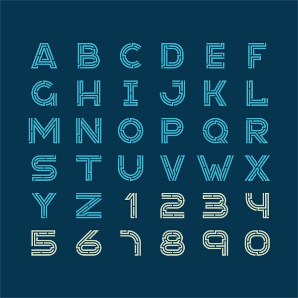 حروف فن آوری پیچ و خم فونت سبک خطی طراحی ساخت و ساز الفبای لاتین با اعداد