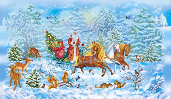 جشن های کریسمس بابا نوئل در زمستان در چوب برفی اسب ها حیوانات
