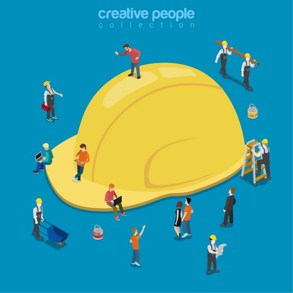 درپوش کلاه کلاه ساخت و ساز زرد رنگ ایزومتریک 3 بعدی ایزومتریک وکتور وب مفهوم کسب و کار مجموعه افراد خلاق