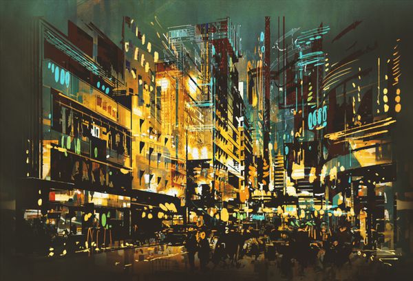 منظره شهری صحنه شب نقاشی هنر انتزاعی تصویرسازی