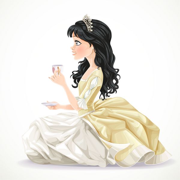 شاهزاده خانم زیبا با لباس زرد روی زمین نشسته با یک فنجان چای و نعلبکی جدا شده روی پس زمینه سفید