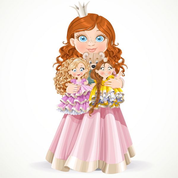دختر پرنسس کوچولوی ناز که عروسک های جدا شده در پس زمینه سفید را در آغوش گرفته است