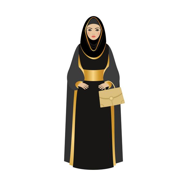 دختر مسلمان با حجاب سنتی دختر مسلمان مد abaya که کیف طلایی در دست دارد