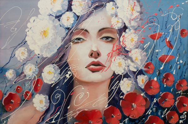 تابلو نقاشی طراحی خانمی با گل های قرمز