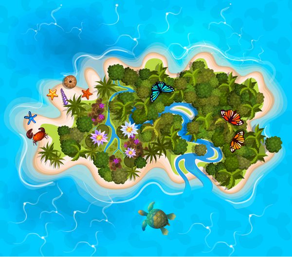 کارتونی جزیره عجیب و غریب استوایی در اقیانوس جن جزیره با نمای بالا وکتور طراحی بازی برای اپلیکیشن