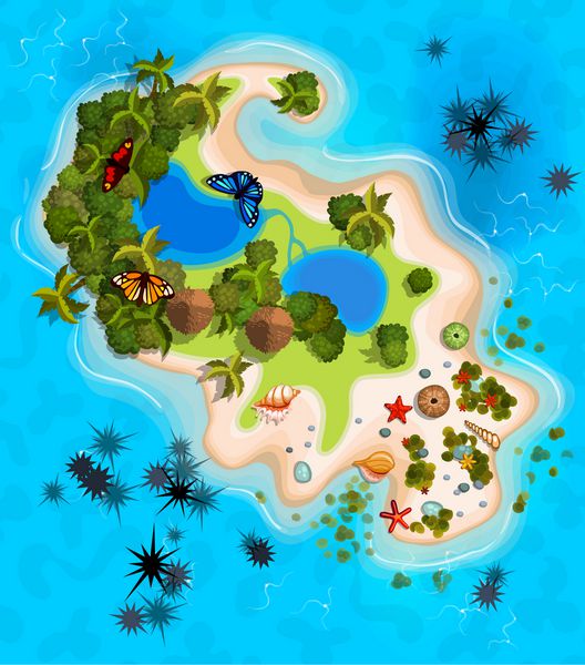 کارتونی جزیره عجیب و غریب استوایی در اقیانوس جن جزیره با نمای بالا وکتور طراحی بازی برای اپلیکیشن