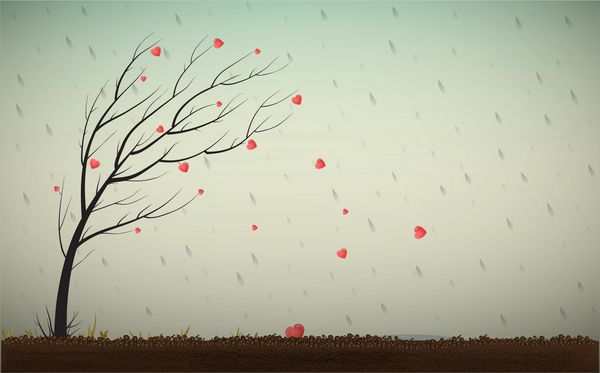 عشق به پایان رسید پایان احساسات عاشقانه درختی با قلب های قرمز که مانند برگ های پاییزی می ریزند وکتور