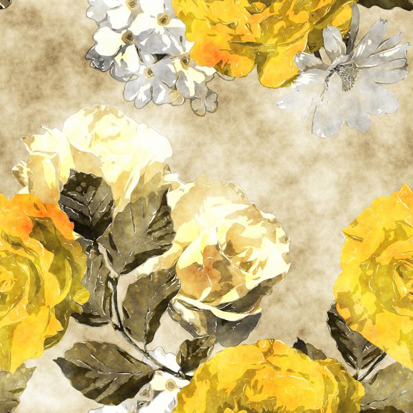 الگوی بدون درز گلدار قدیمی آبرنگ تک رنگ هنری با رزهای زرد و سفید طلایی فلوکس و ستاره در زمینه بژ
