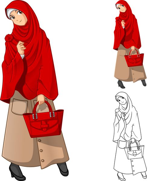 مد زن مسلمان با چادر یا روسری قرمز با در دست گرفتن کیف شامل طرح تخت و وکتور شخصیت کارتونی نسخه مشخص