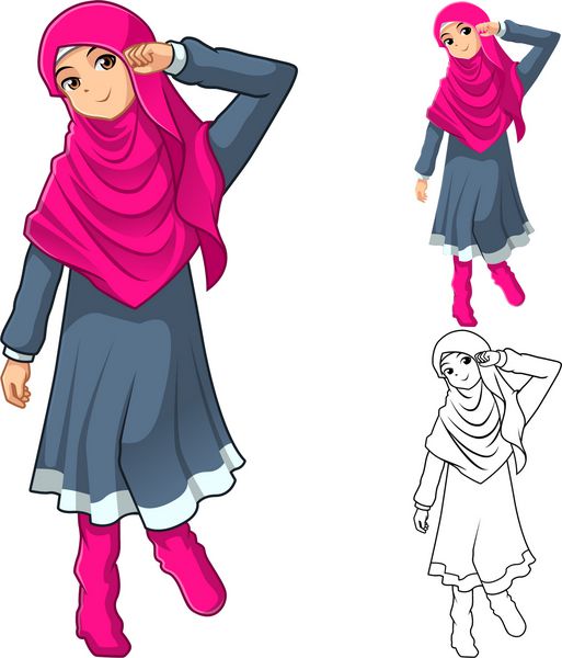 مد دختر مسلمان با چادر یا روسری صورتی با لباس و چکمه شامل طرح تخت و وکتور شخصیت کارتونی نسخه برجسته