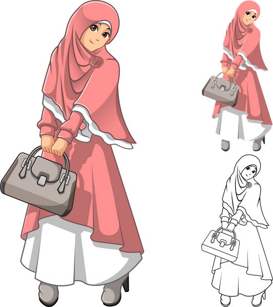 مد زن مسلمان با چادر یا روسری صورتی و لباس لباس با در دست گرفتن کیف شامل طرح تخت و وکتور شخصیت کارتونی نسخه برجسته