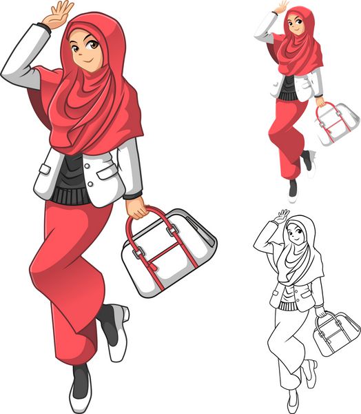 مد زن مسلمان با چادر یا روسری صورتی با در دست گرفتن کیف و لباس مجلسی شامل طرح تخت و وکتور شخصیت کارتونی نسخه برجسته