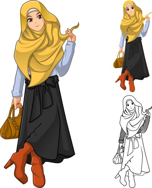 مد زن مسلمان با چادر یا روسری زرد با در دست گرفتن کیف قهوه ای و لباس شیک شامل طرح تخت و وکتور شخصیت کارتونی نسخه مشخص