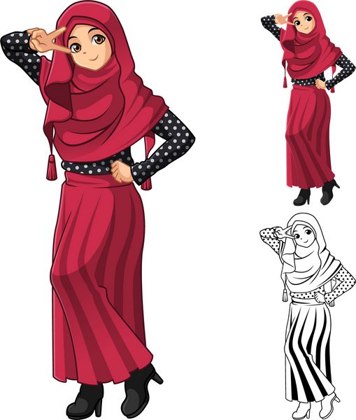 مد دختر مسلمان با چادر یا روسری قرمز با خال خالی و لباس دامن شامل طرح تخت و وکتور شخصیت کارتونی نسخه برجسته