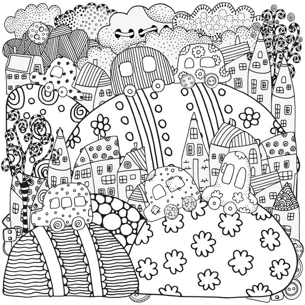 الگوی کتاب رنگ آمیزی با خانه ها و ماشین های هنرمندانه شهر جادویی مزارع منظره ساخته شده توسط tr از طرح قلم جوهر زنتاگل الگوی سیاه و سفید در وکتور