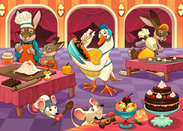 حیوانات خنده دار در حال پختن کیک و کلوچه هستند وکتور تصویر کارتونی