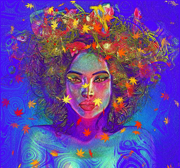 تصویر هنر دیجیتال مدرن از یک زن نمای نزدیک با پس زمینه انتزاعی رنگارنگ برگ ها و چرخش های رنگارنگ جلوه ای انتزاعی را برای نمای نزدیک این زن الهه زمین زیبا ایجاد می کند
