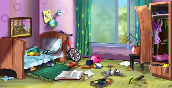 اتاق پسر کوچک نقاشی دیجیتالی اتاق پسر کوچک با اسباب بازی تخت کتاب و سایر اشیاء