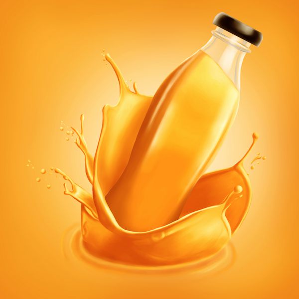 بطری آب پرتقال که از پاشش بیرون می آید
