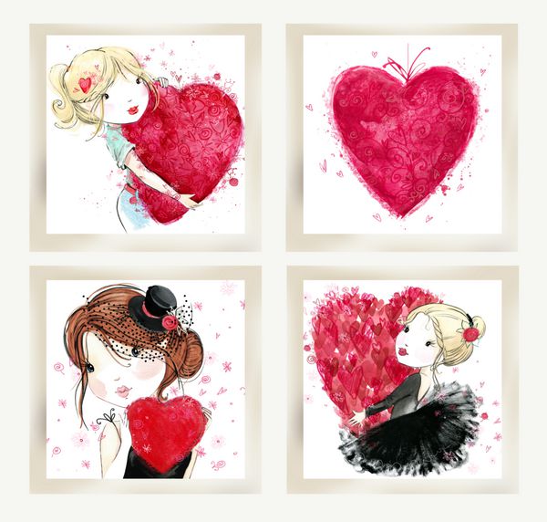مجموعه کارت روز دختر ناز با قلب قرمز تصویر آبرنگ دختر نوجوان قلب نقاشی آبرنگ پس زمینه روز برای کارت تبریک