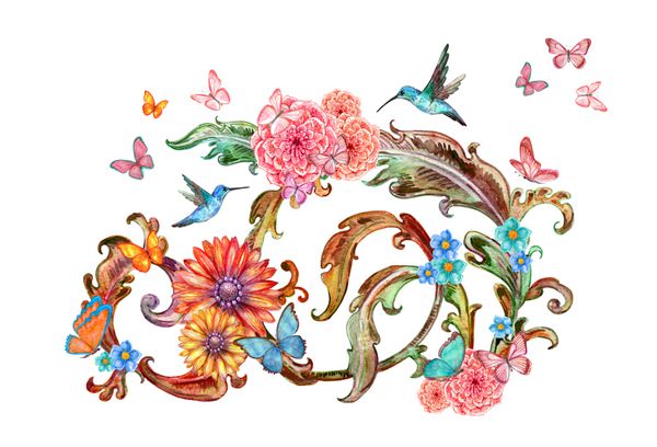 کارت دعوت با دسته گل های انتزاعی با پروانه ها پرندگان نقاشی آبرنگ