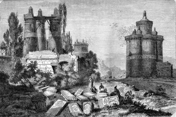 کبوترخانه‌ها و ویرانه‌های یک قبرستان نزدیک اصفهان تصویر حکاکی‌شده قدیمی Magasin Pittoresque 1870