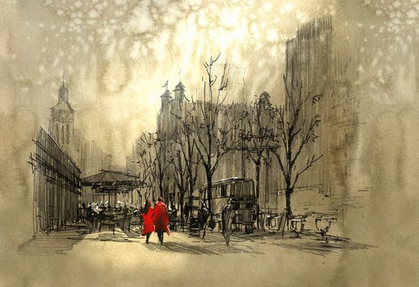 زن و شوهر قرمز پوش در حال راه رفتن در خیابان شهر طرح دست آزاد