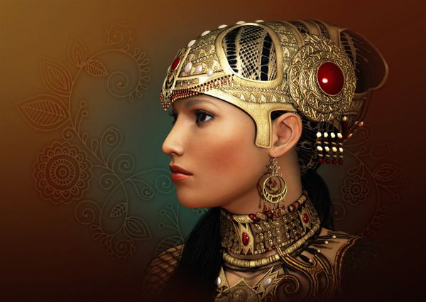 گرافیک کامپیوتری سه بعدی پرتره فانتزی یک زن جوان با جواهرات باستانی شرقی