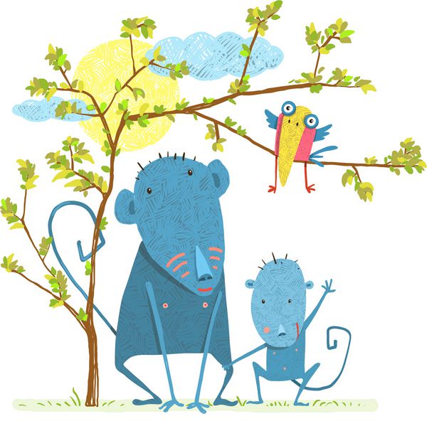 شخصیت های میمون مادر و فرزند در طبیعت با درخت میمون ها در طبیعت پدر و مادر طنز و کارتونی کودکانه وکتور