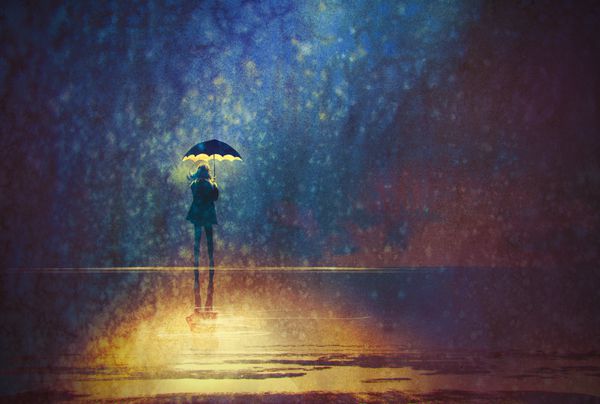 زن تنها زیر نور چتر در تاریکی نقاشی دیجیتال