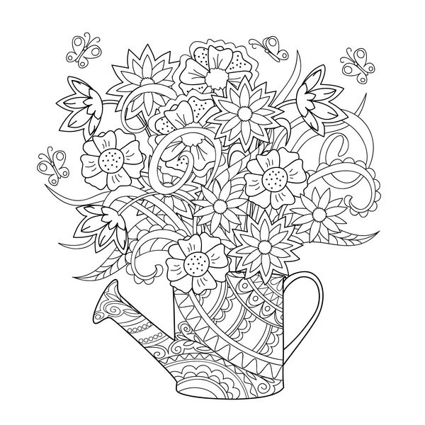 قوطی آبیاری با تصویر تزئین شده با گل و گیاه تصویر برای صفحه رنگ آمیزی بزرگسالان یا کودکان تاتو وکتور -