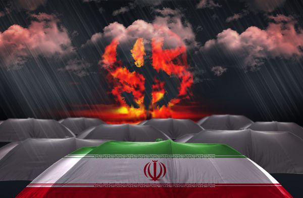 چتر حفاظتی با پرچم ایران در زمینه جنگ پول
