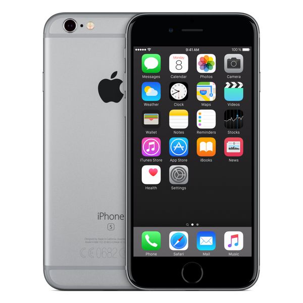 وارنا بلغارستان - 24 اکتبر 2015 نمای جلوی sp gray apple iphone 6s با سیستم عامل ios 9 موبایل و قسمت پشتی با آرم apple inc جدا شده روی سفید
