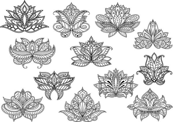 طرح شرقی گل های پیزلی با نقوش روباز ایرانی هندی و ترکی قومی عناصر گل برای پارچه لوازم داخلی یا طراحی الگوی فرش