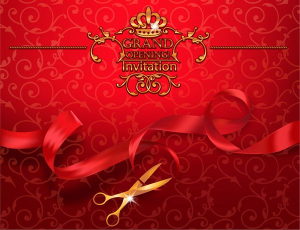 کارت دعوت افتتاحیه بزرگ قرمز با قیچی و روبان قرمز