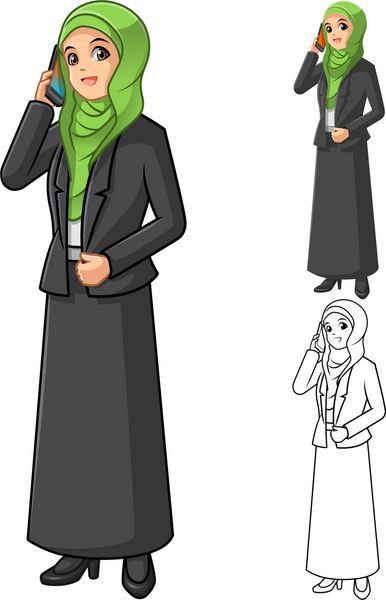 تاجر مسلمان با چادر یا روسری سبز با وکتور شخصیت کارتونی تلفن هوشمند
