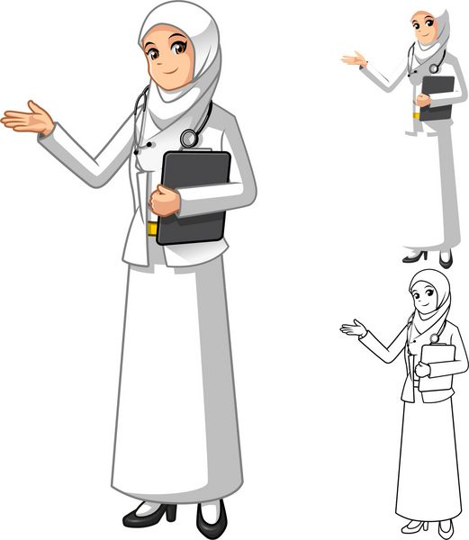 پزشک زن مسلمان با روبنده یا روسری سفید با دست های خوشامدگویی وکتور شخصیت کارتونی
