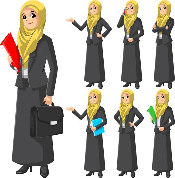 مجموعه ای از زن بازرگان مسلمان مدرن که با وکتور روکش زرد یا روسری کاراکتر شخصیت وکتور می کنند