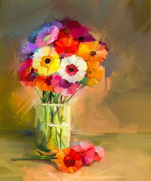 نقاشی انتزاعی رنگ روغن از گل های بهاری طبیعت بی جان از گل ژربرا زرد و قرمز دسته گل های رنگارنگ در گلدان شیشه ای به سبک امپرسیونیستی مدرن نقاشی شده با گل