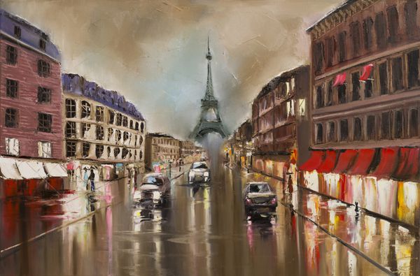 باران در پاریس عصر خیابانهای خیس چراغهای جلو و شبح مردم نقاشی رنگ روغن اصلی بوم کشیده