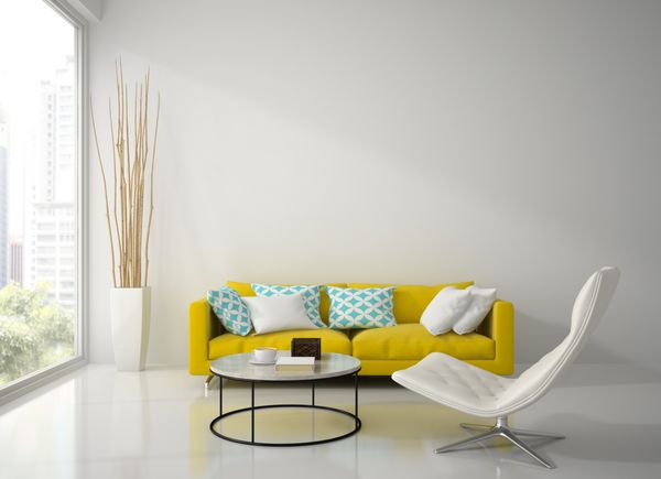 فضای داخلی اتاق سفید مدرن با مبل زرد رندر سه بعدی