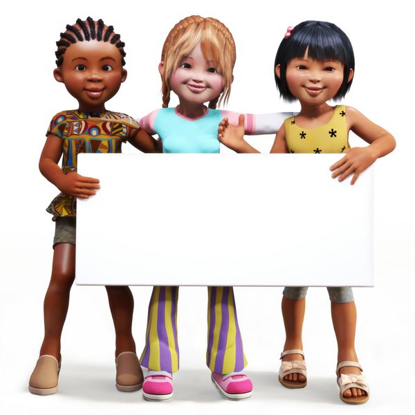سه دختر که یک تابلوی سفید علامت خالی با فضایی برای متن شما در دست گرفته اند یا تبلیغات sp را روی پس زمینه سفید کپی کنید