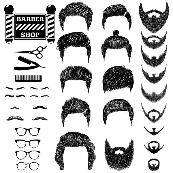 مجموعه ای از مدل موی مردانه ریش و سبیل ابزار برا و علامت برشاپ با دست کشیده شده است آقایان موها را کوتاه می کنند و اصلاح می کنند وکتور دیجیتال سیاه و سفید