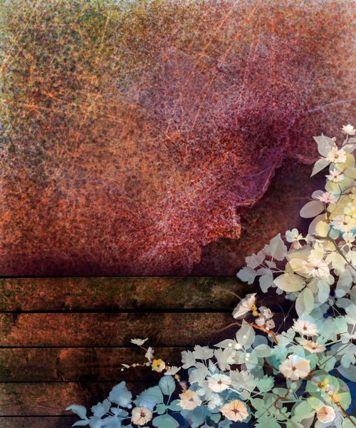 نقاشی آبرنگ گل انتزاعی با دست نقاشی شده گل پیچک سفید زرد و قرمز و برگ بر روی دیوار و حصار چوبی پس زمینه بافت گرانج پس زمینه طبیعت فصلی گل بهاری