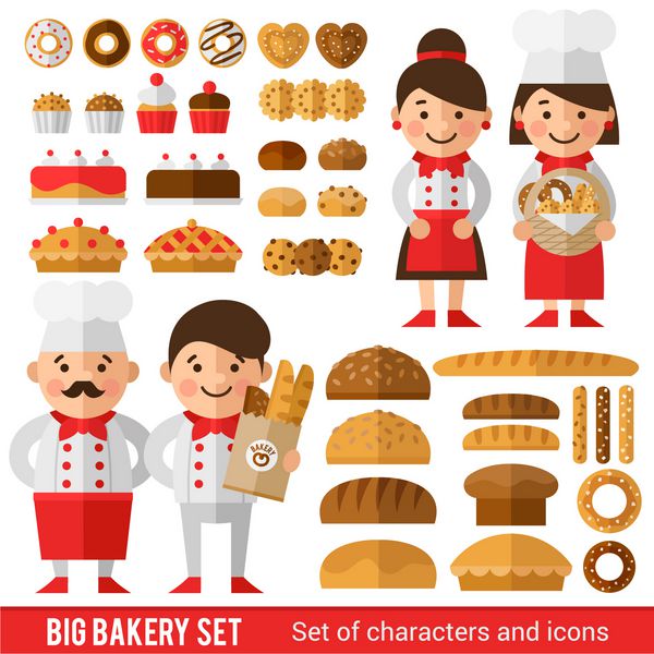 مجموعه ای شیک از شخصیت ها و نمادها در موضوع نانوایی نانوا و تیمش در قالب آشپز انواع نانوایی و نانوایی