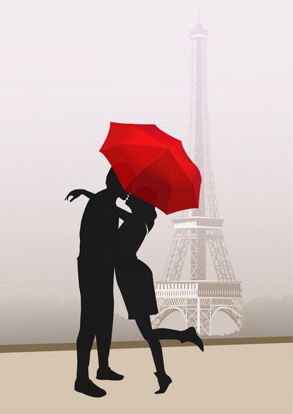 زوج عاشق با چتر قرمز در پاریس با برج ایفل در پس زمینه وکتور