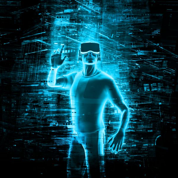 رندر سه بعدی کاربر واقعیت مجازی از مردی که عینک واقعیت مجازی به چشم می‌زند و اطراف آن را داده‌های مجازی احاطه کرده است